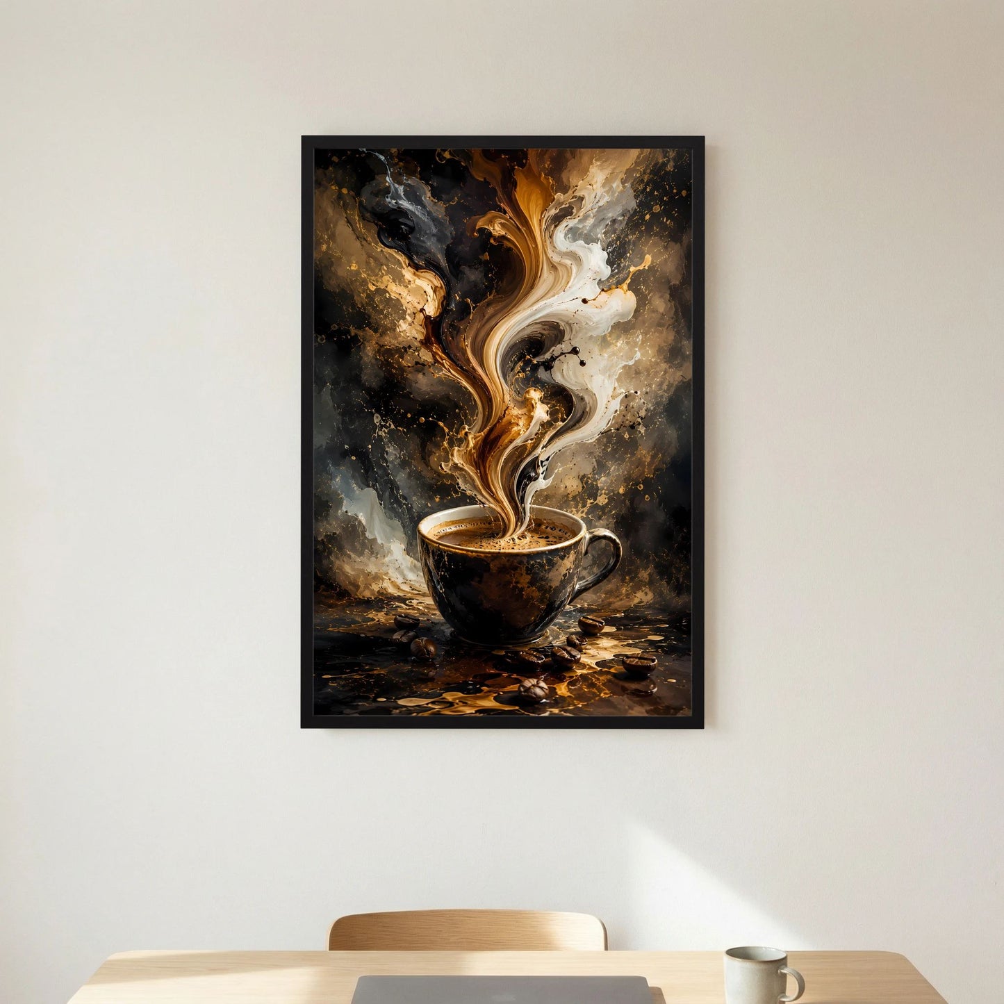 Hochformat-Poster mit Kaffeetasse und abstraktem Farbwirbel im schwarzen Rahmen.