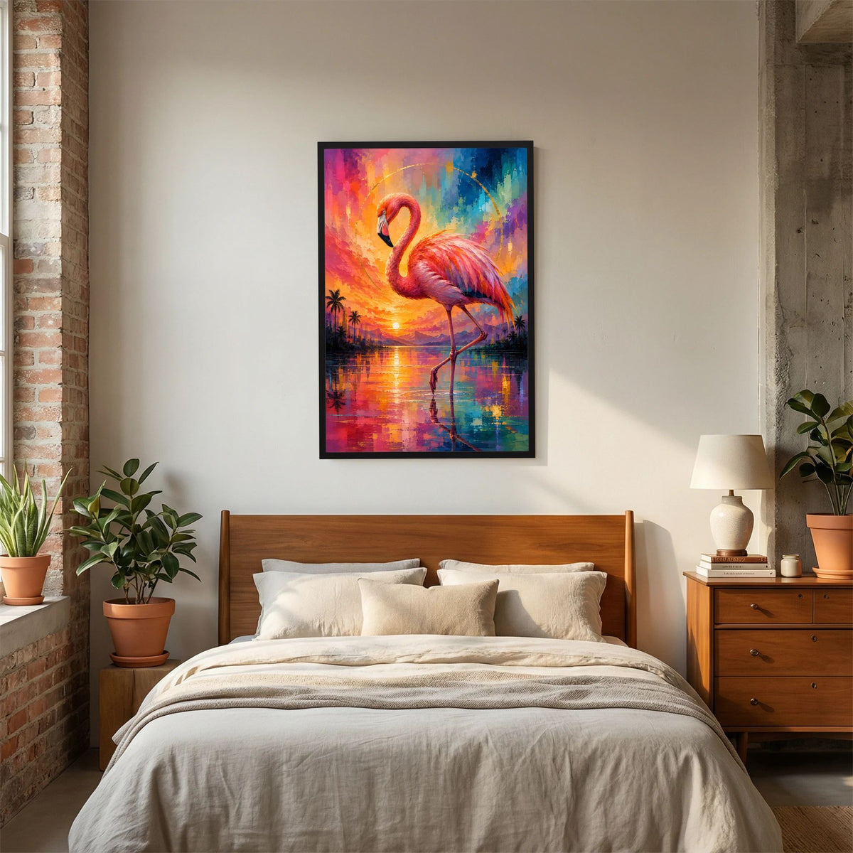 Kunstposter im Hochformat mit Flamingo-Motiv, schwarz gerahmt