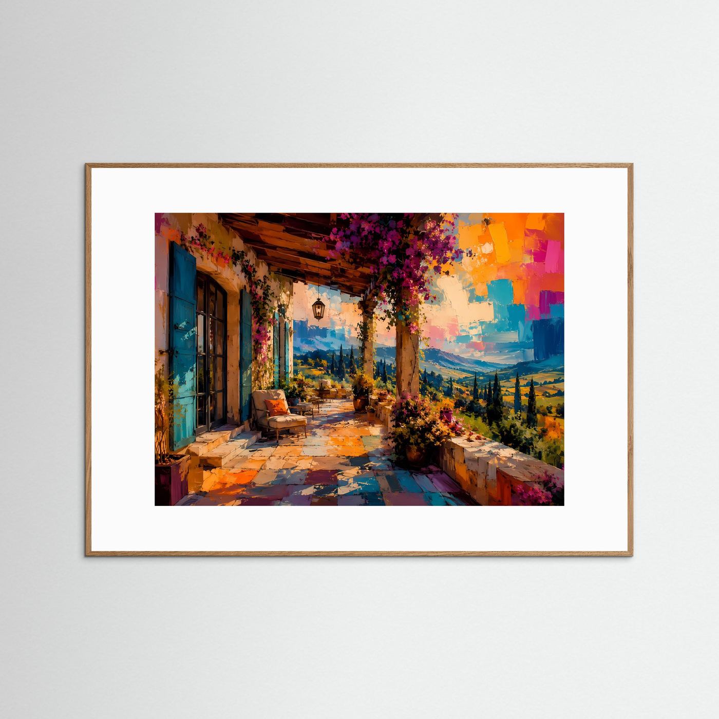 Querformat-Poster Landschaft: mediterrane Terrasse mit dunklerem braunem Rahmen