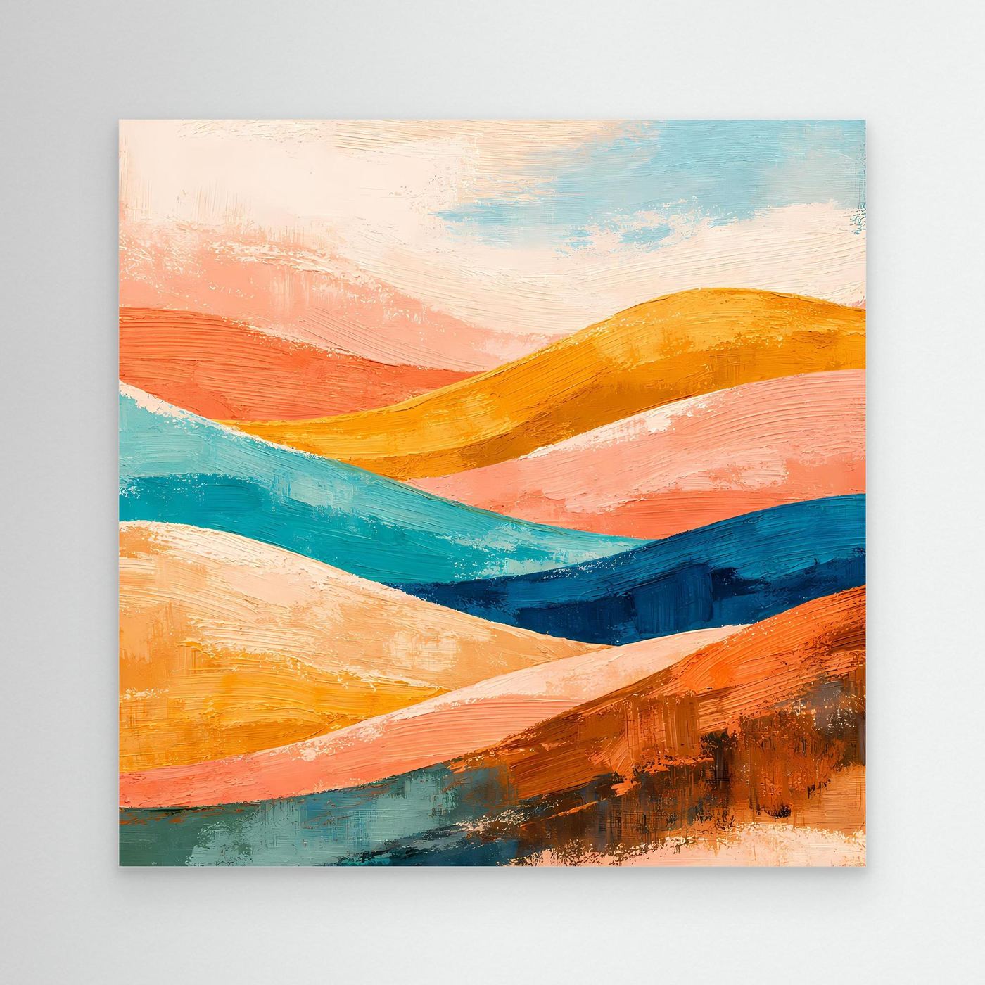 Abstract canvas wall art with layered wave-like hills in orange, teal, and blue