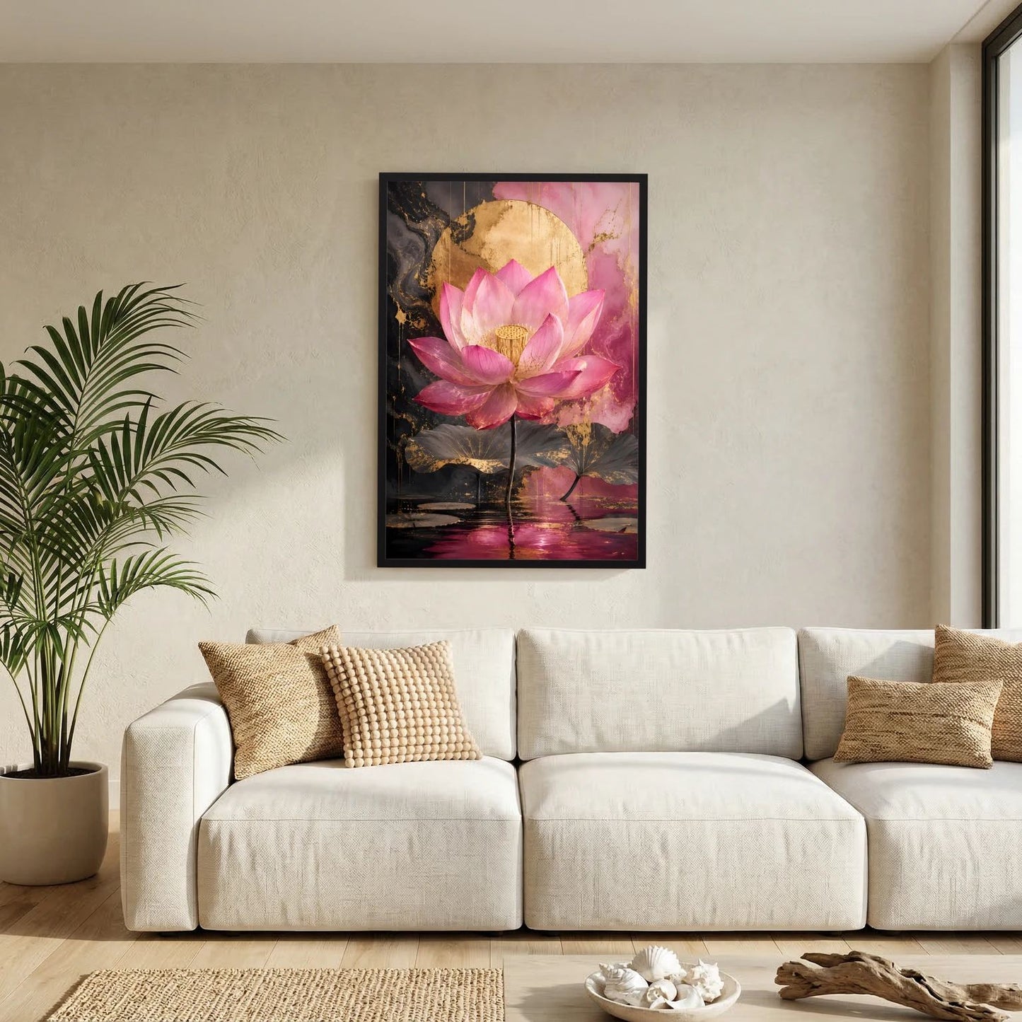Lotusposter mit rosa Seerosenblüten und goldenem Detail, schwarzer Rahmen im Wohnzimmer