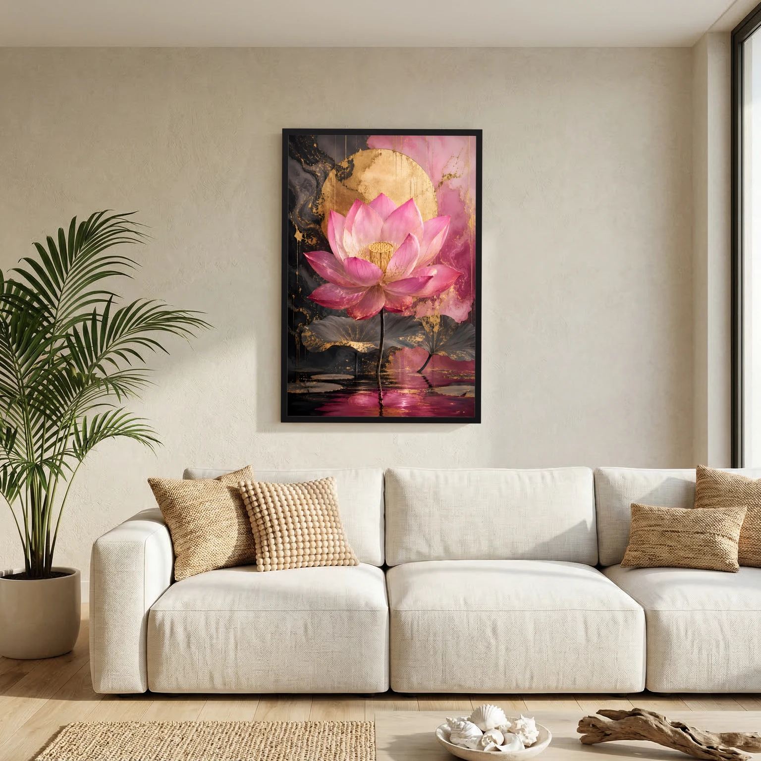 Lotusposter mit rosa Seerosenblüten und goldenem Detail, schwarzer Rahmen im Wohnzimmer