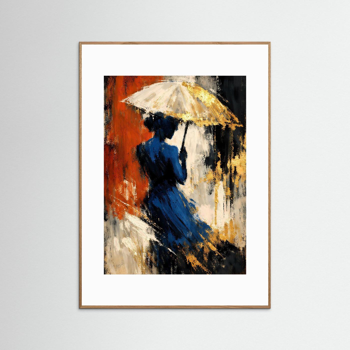 Kunstposter, gelber Regenschirm und blaue Figur; roter Hintergrund, hellbrauner Rahmen