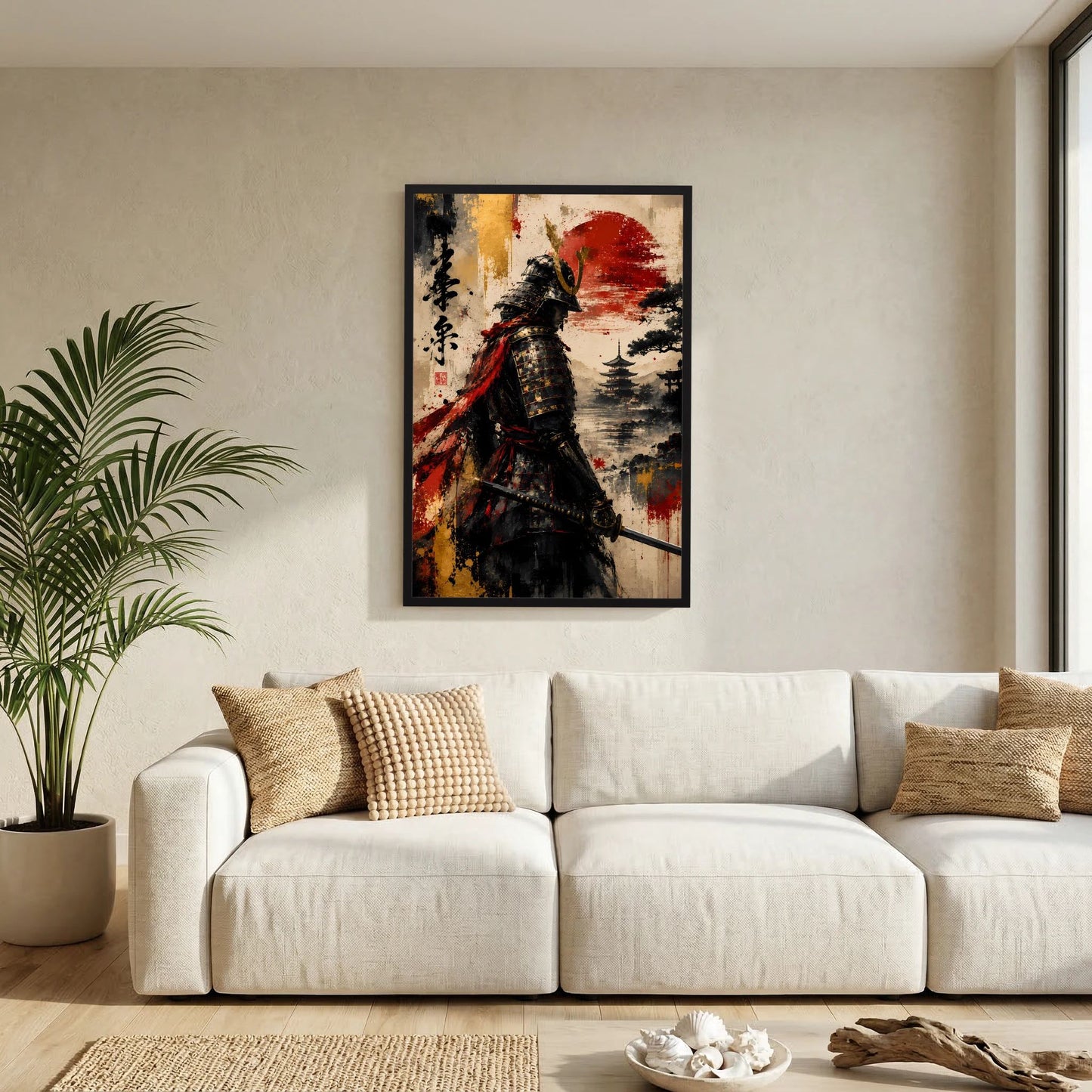 Poster (Hochformat) mit Samurai in Schwarz-Rot-Gold, roter Sonne, im schwarzen Rahmen