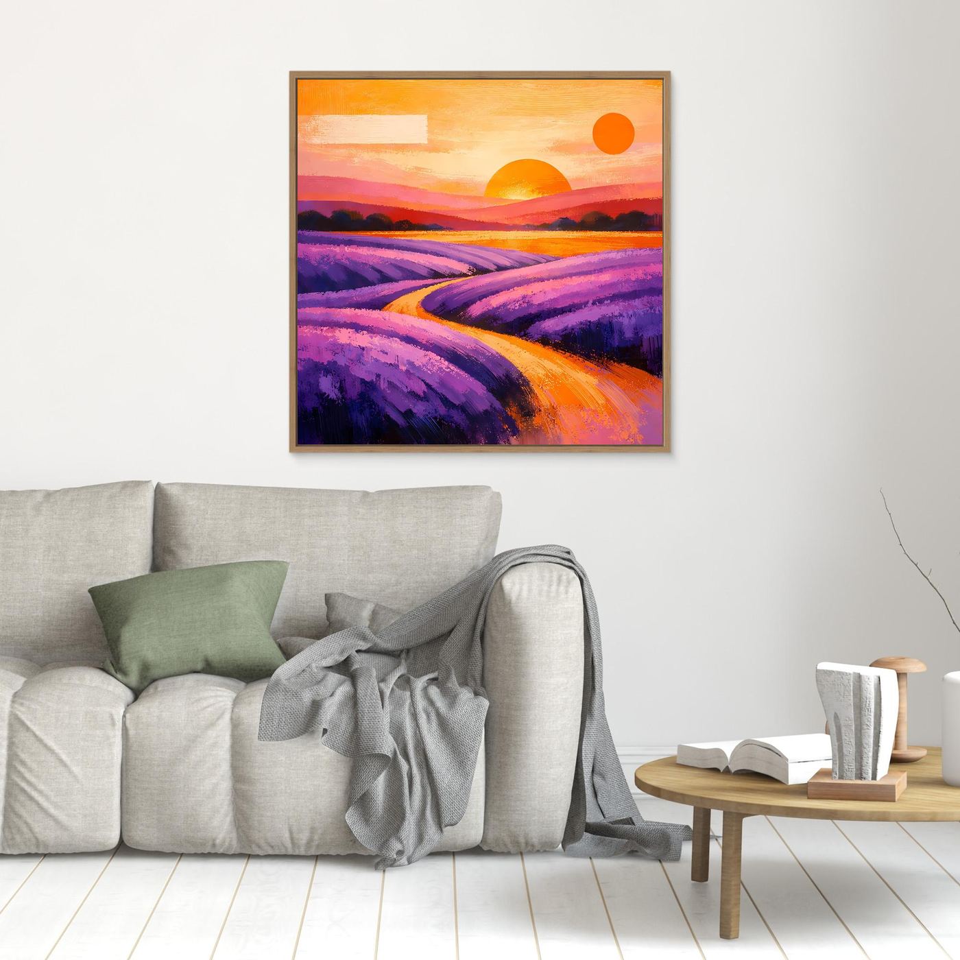 Leinwandbild mit Lavendelfeld-Illustration, klein; braun gerahmt, violett-orange Landschaft