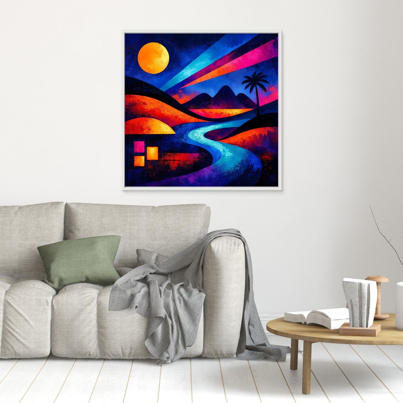 Quadratisches Leinwand-Wandbild mit Wüstenoase, Fluss und Palme bei Nacht, weiß gerahmt.