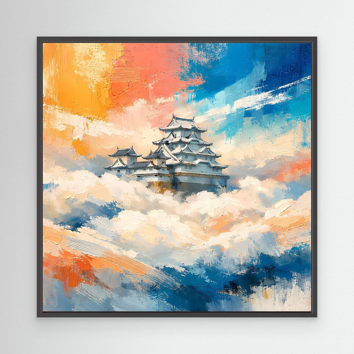 Leinwand Traditionelle Japanische Burg über den Wolken | Fernöstliches Wandbild auf echter Leinwand