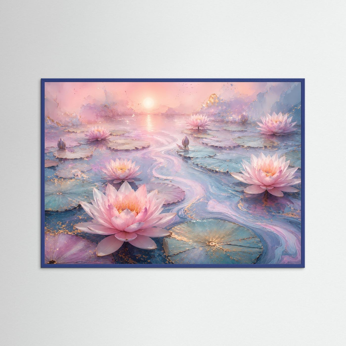 Lotusblüten Poster Querformat | Rosa Seerosen auf Wasser | Elegante Zen Wandkunst in Pastell