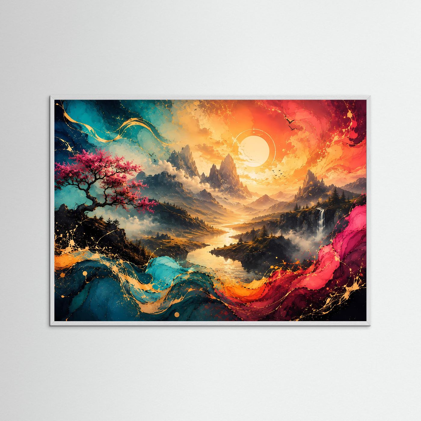 Abstrakte Landschaft Poster | Bunte Berglandschaft mit Fluss | Moderne Wandkunst | Fantasy Natur | Farbenfrohe Leinwand | Panorama Kunst