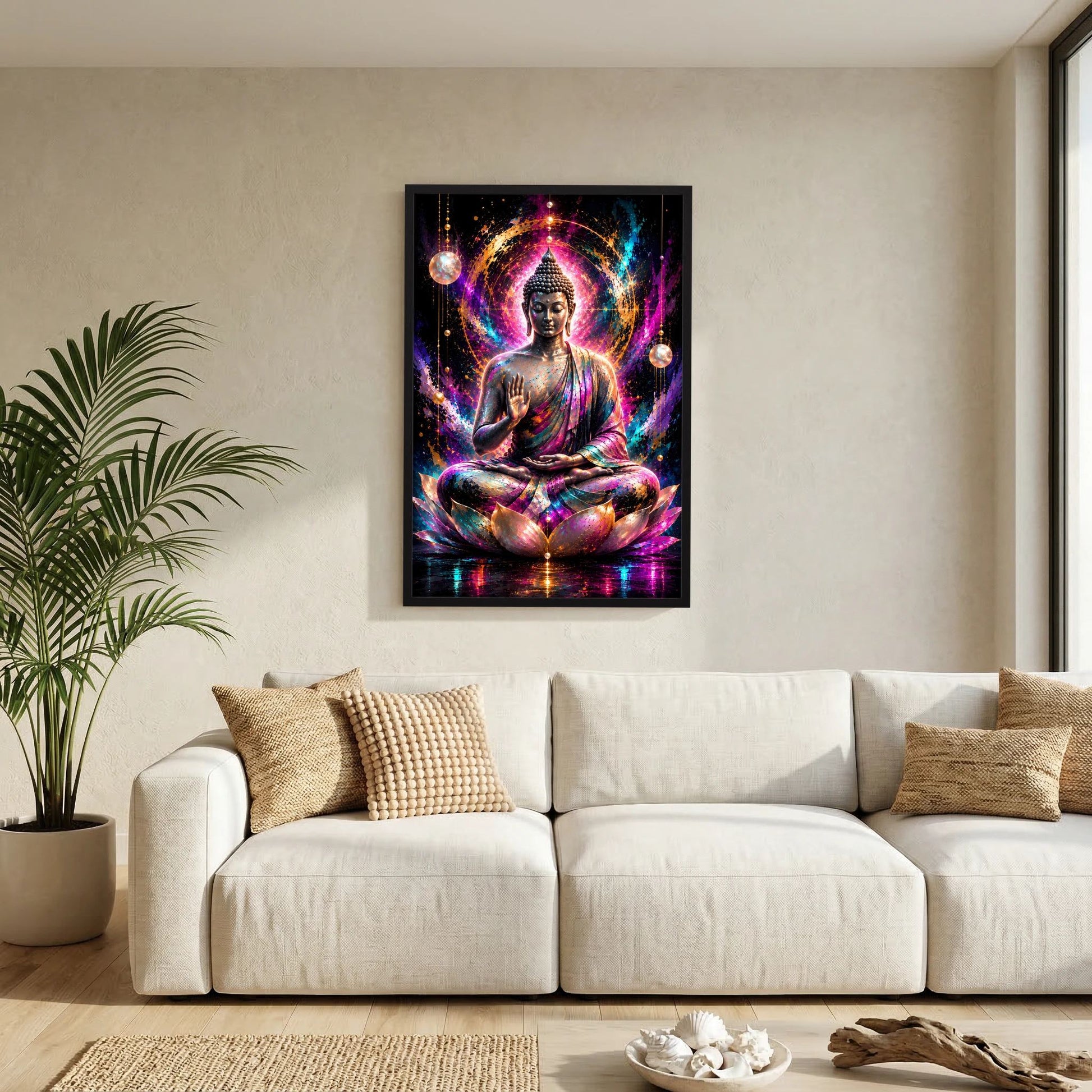 Neon-Buddha-Poster mit sitzendem Buddha auf Lotus, abstraktes Funkeln, schwarzer Rahmen