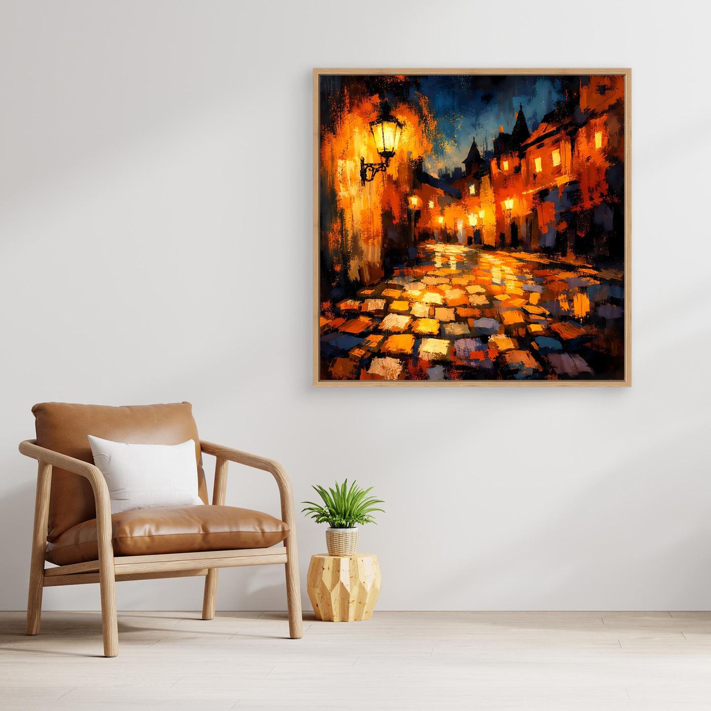 Leinwand Abstraktes Altstadt Gemälde | Modernes Romantisches Gassen Wandbild bei Nacht