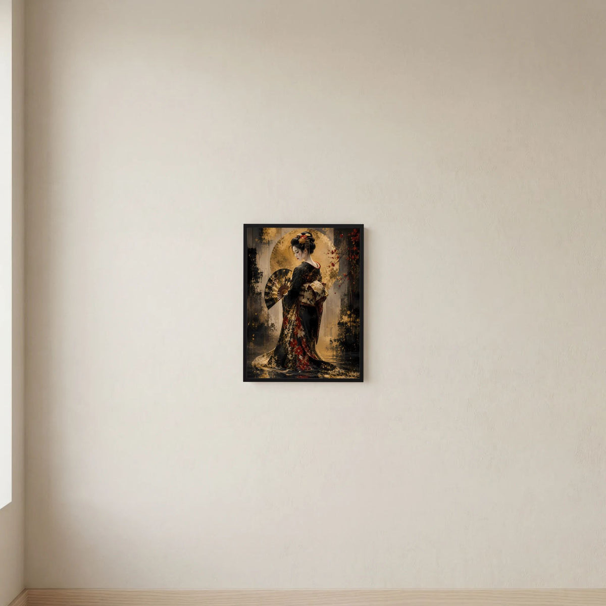 Kleines Hochformat-Poster: Geisha im dunklen Kimono mit goldenen Mustern, schwarzer Rahmen.