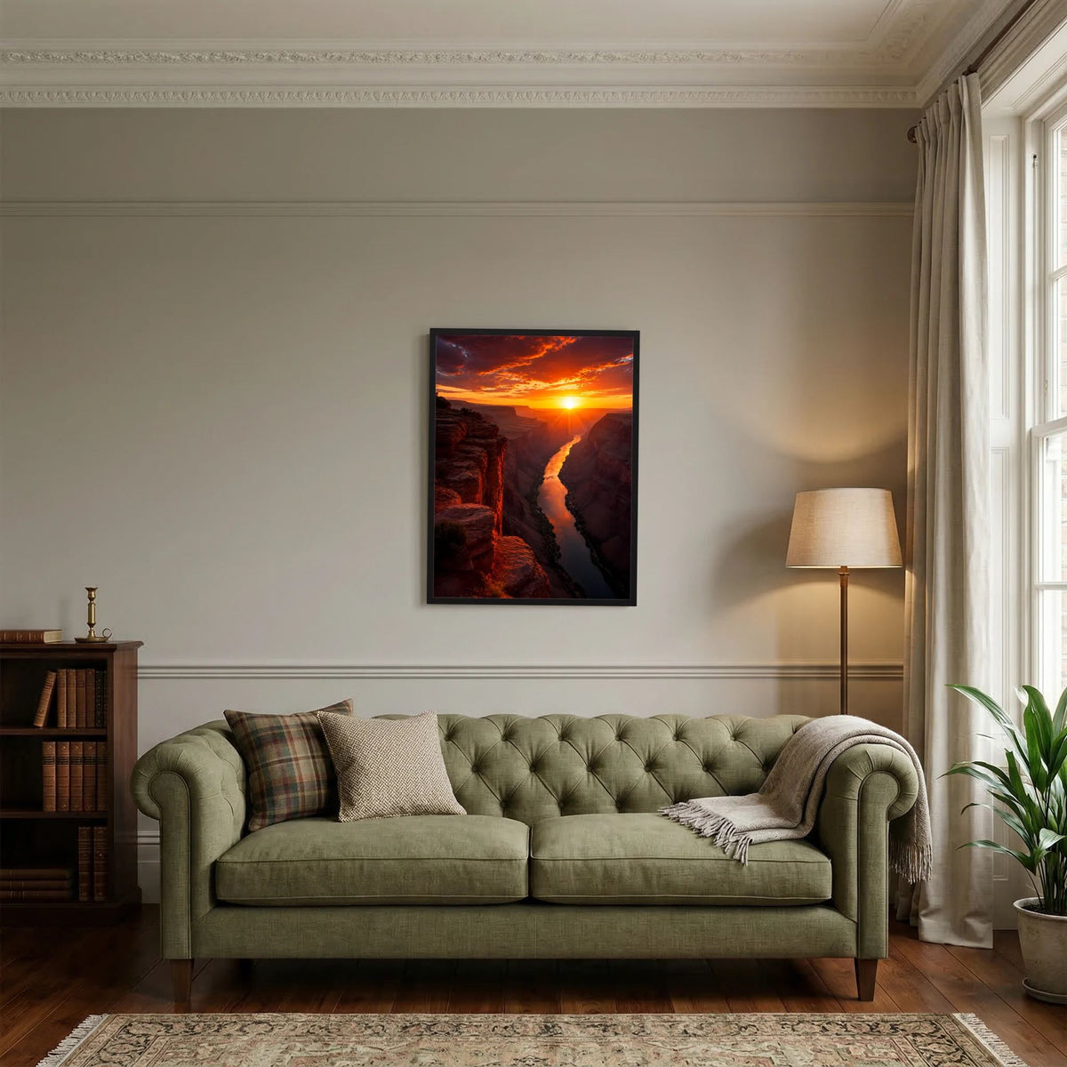 Gerahmtes Poster mit Canyonfluss und Sonnenuntergang, schwarze Einfassung