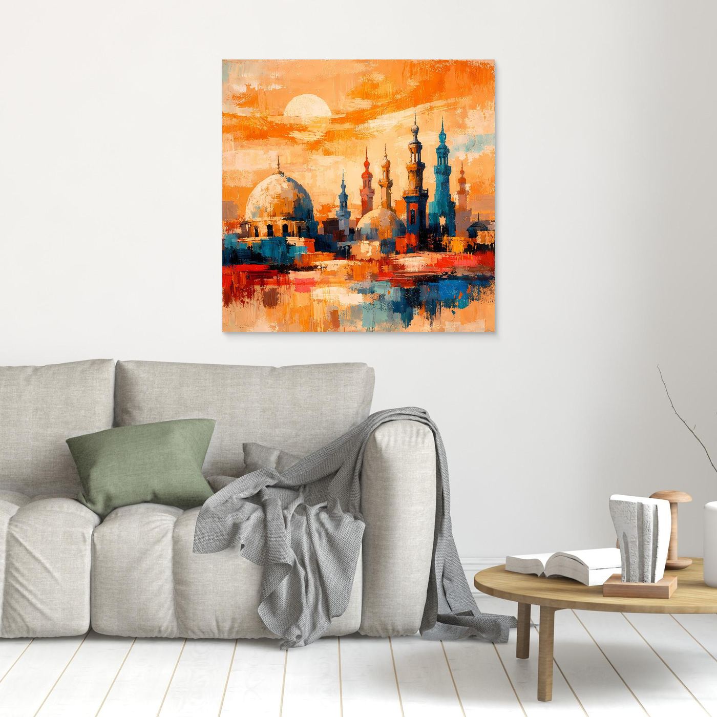 Abstraktes Leinwandbild mit Minaretten-Skyline und Sonne, ohne Rahmung