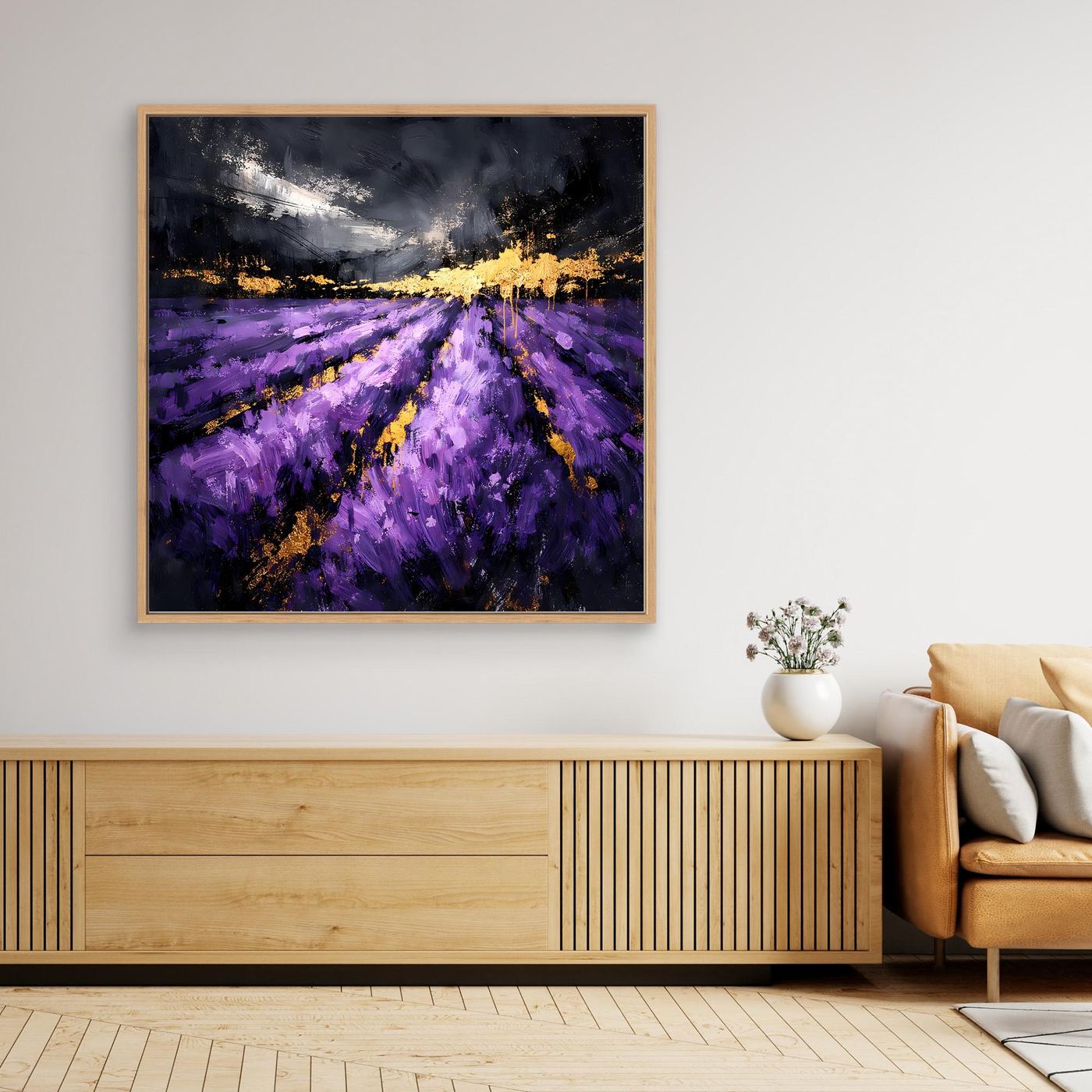 Leinwand Abstraktes Lavendelfeld in Lila und Gold | Modernes Natur Landschafts Wandbild