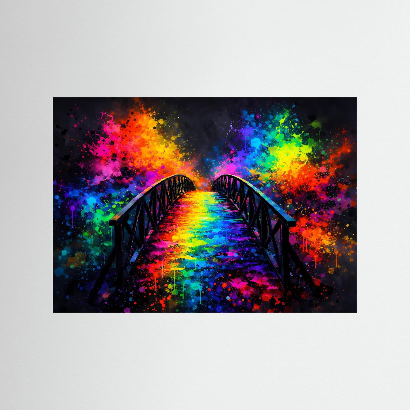 Wandbild mit bunter Pop-Art-Brücke, Regenbogen-Lichtweg, schwarz gerahmt