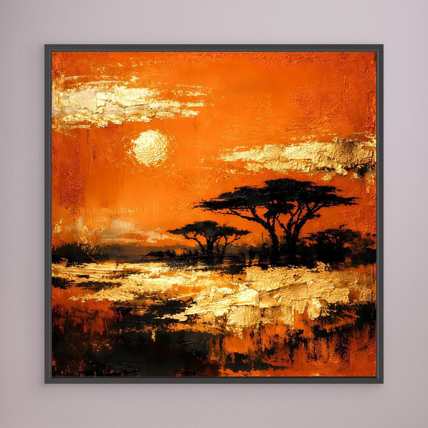 Leinwand Abstraktes Savannen-Panorama | Modernes Afrika Wandbild in Orange und Goldblättern