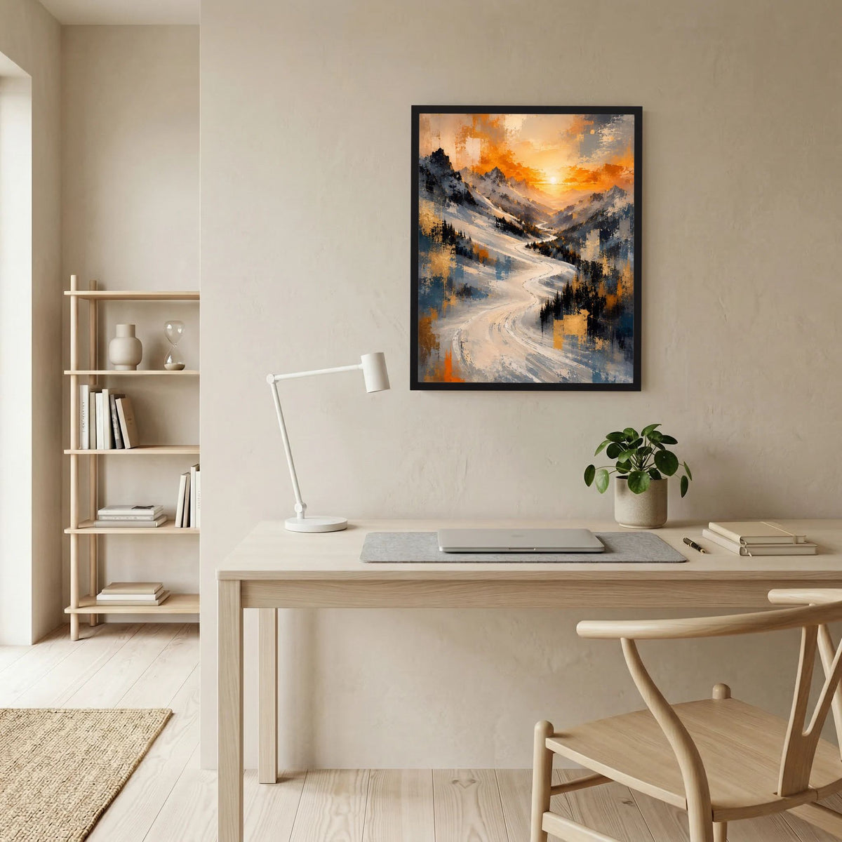 Gerahmtes Winterlandschafts-Poster über verschneitem Weg, warmes Licht im Hintergrund