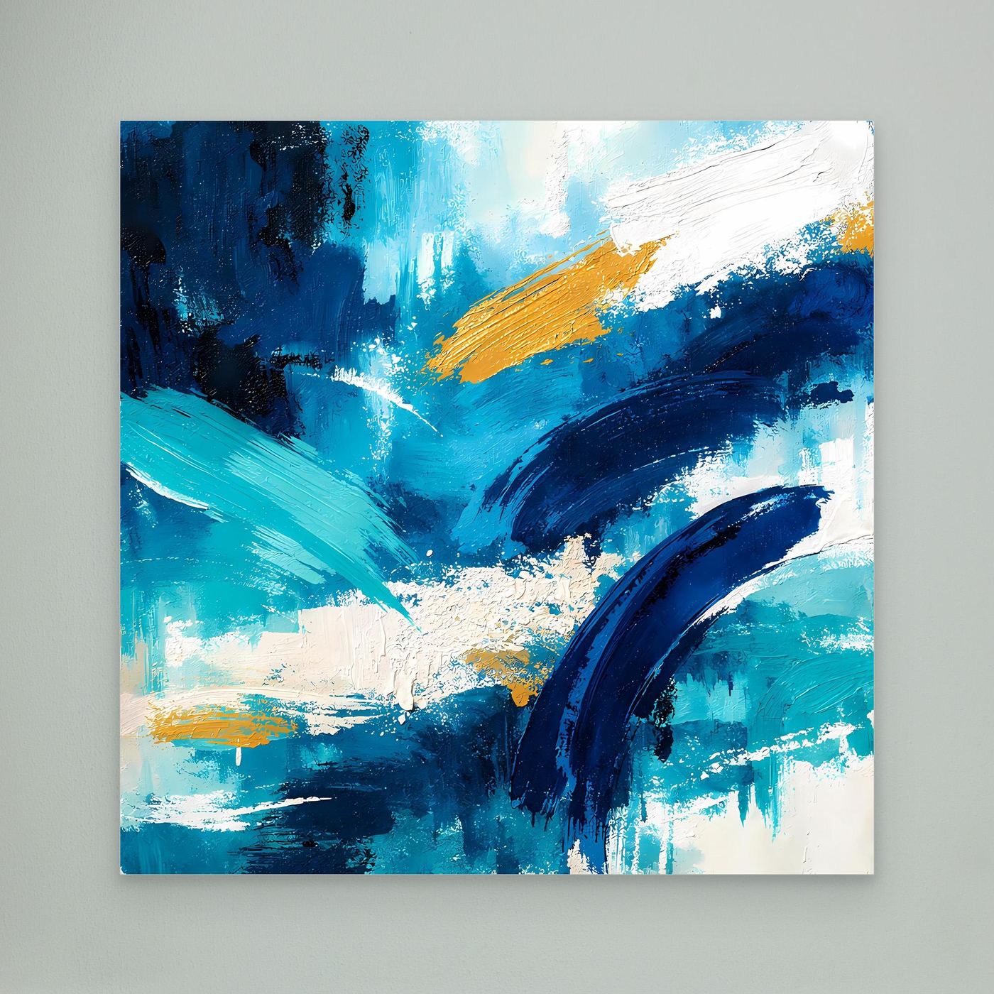 Abstract canvas wall art with layered blue brushstrokes and a gold diagonal stripe