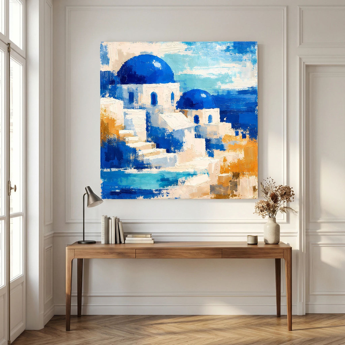 Quadratisches Leinwand-Wandbild: Santorin-Motive in Blau, Weiß und warmem Orange