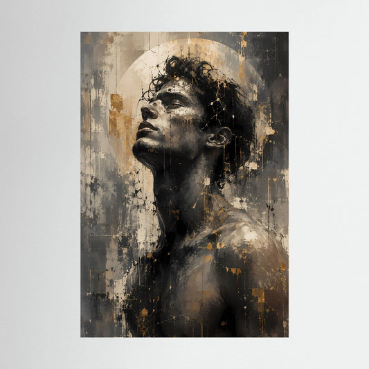 Hochformat-Poster mit abstraktem Frauenporträt in Schwarz, Gold und Beige