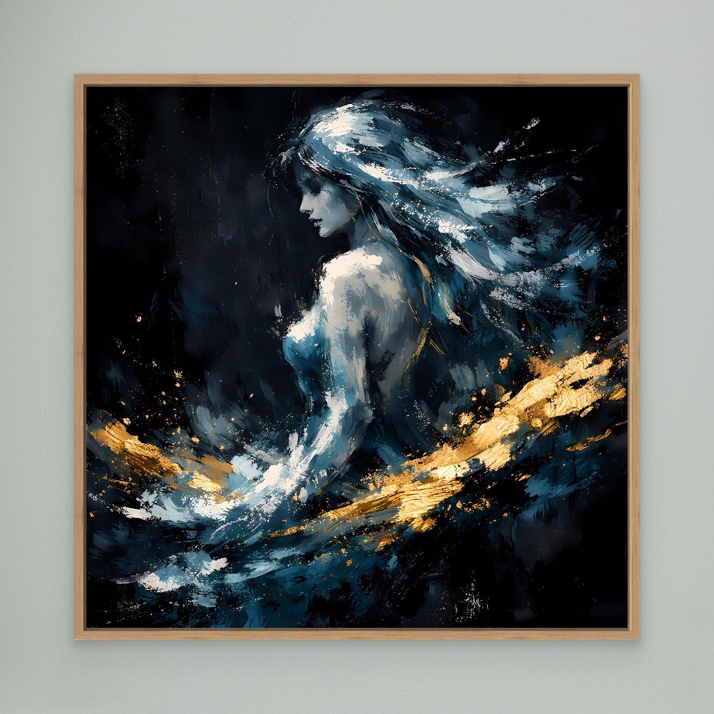 Leinwand Mystische Frauen-Figur in Blau und Gold | Modernes Abstraktes Fantasie Wandbild