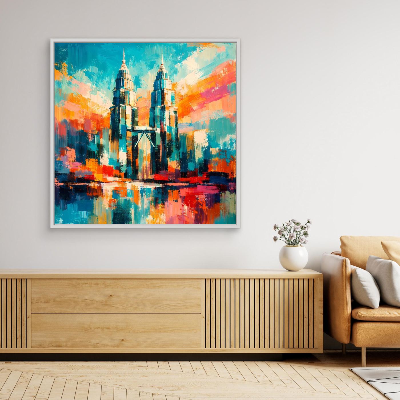 Abstraktes Leinwand-Wandbild mit buntem Stadtskyline-Motiv, weißer Rahmen