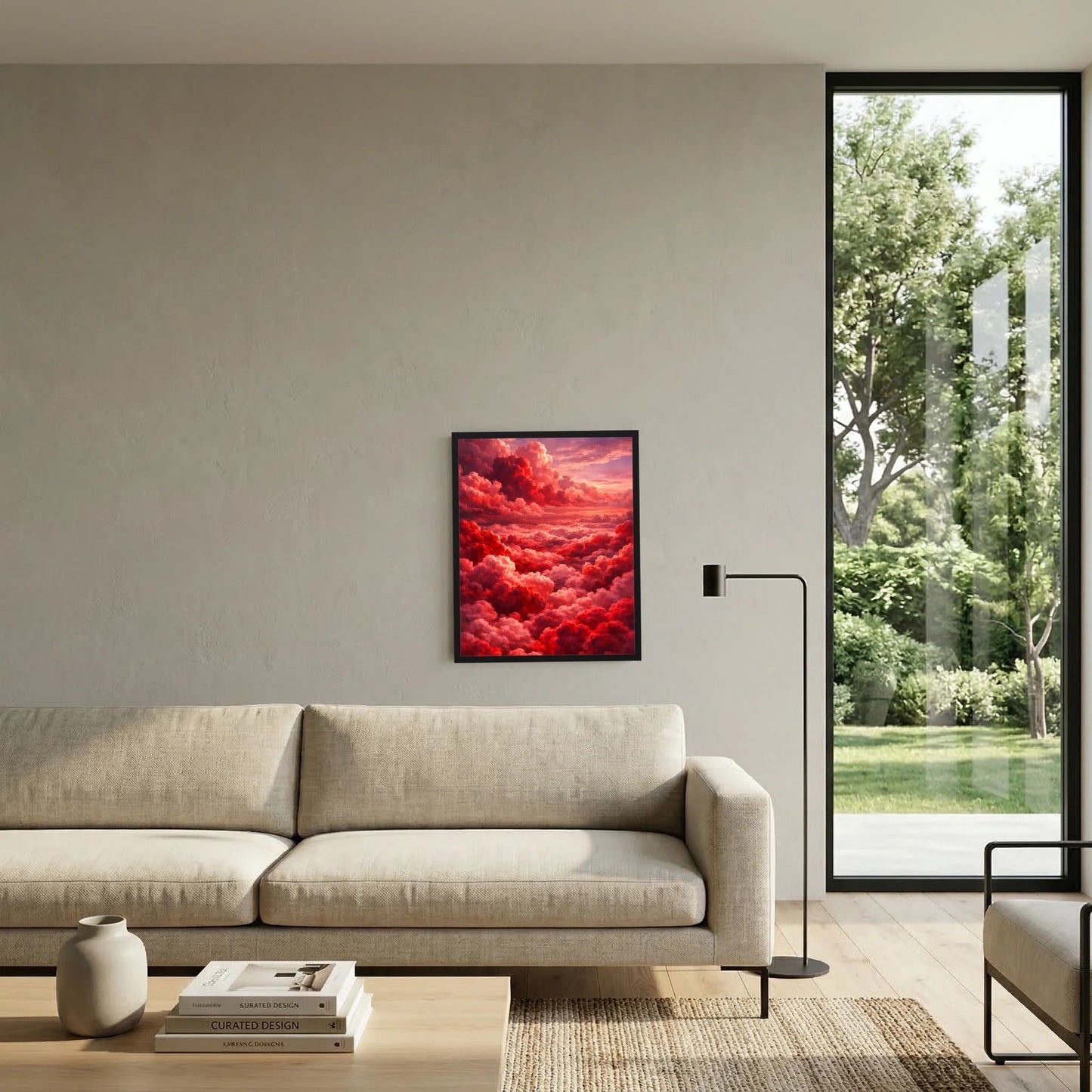 Gerahmtes Kunstposter mit roten Wolken und rosa Sonnenuntergang an der Wohnwand