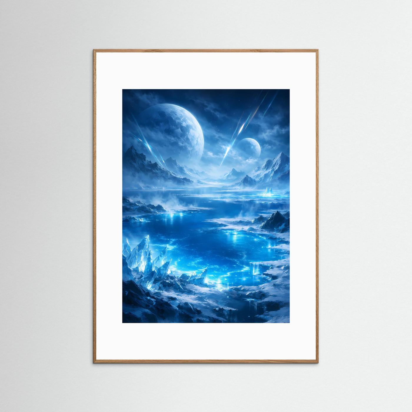 Wandposter im hellbraunen Rahmen, blaue Eislandschaft mit riesigem Mond und leuchtenden Effekten