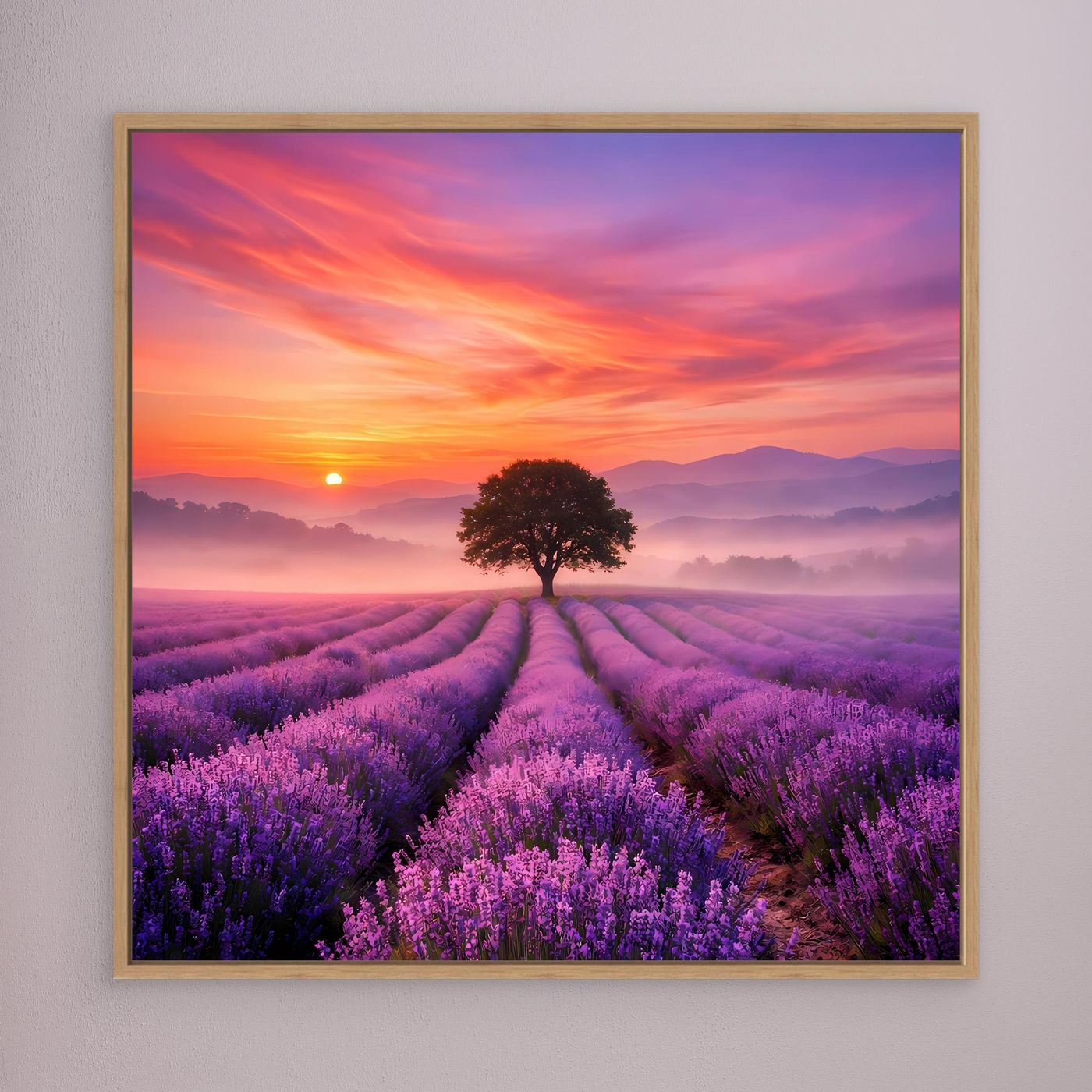 Lavendelfeld-Wandbild mit Sonnenuntergang, braunem Holzrahmen und Baum im Feld