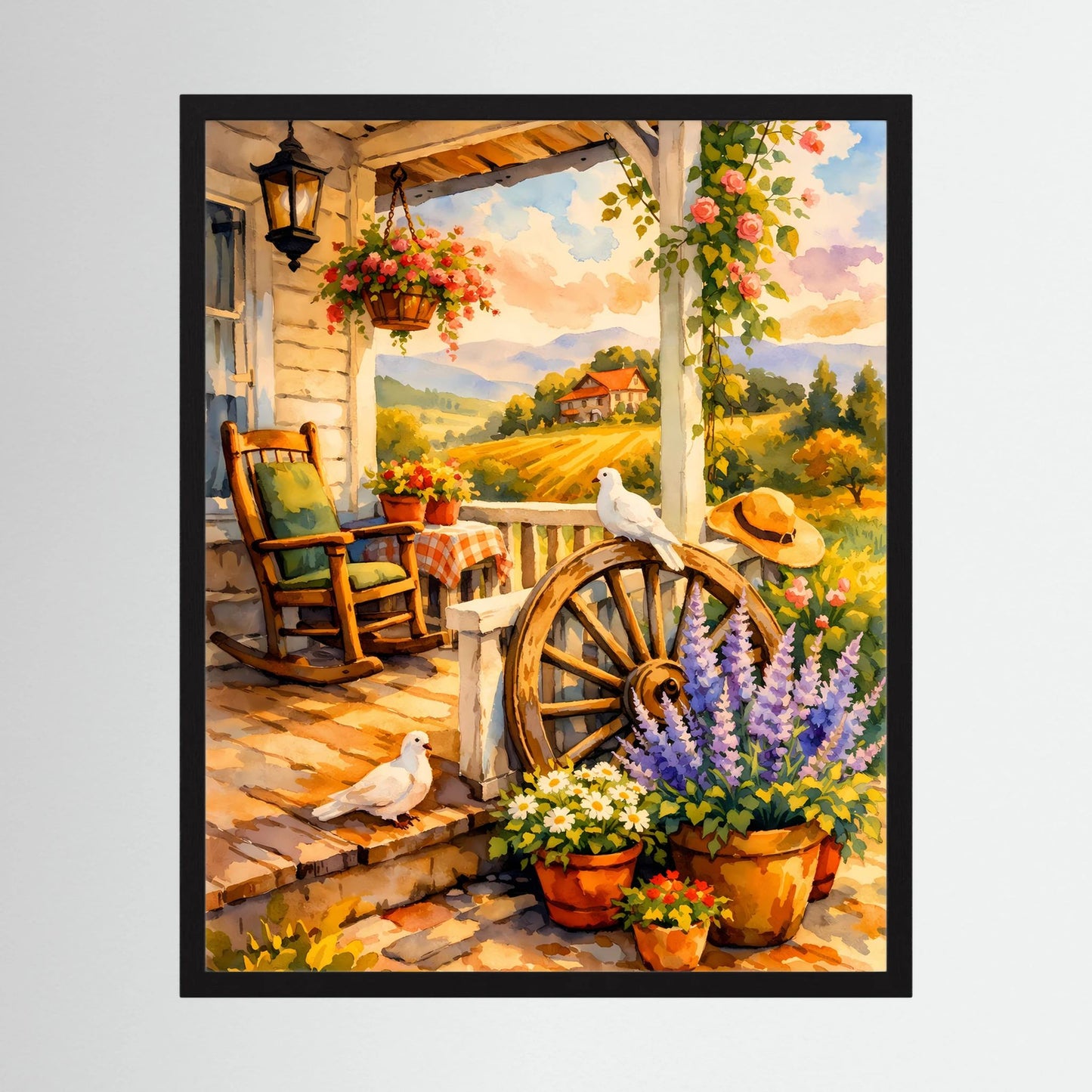 Gerahmtes Kunstposter im Hochformat: Blumenbouquets, Tauben und Veranda mit Leiterwagenrad
