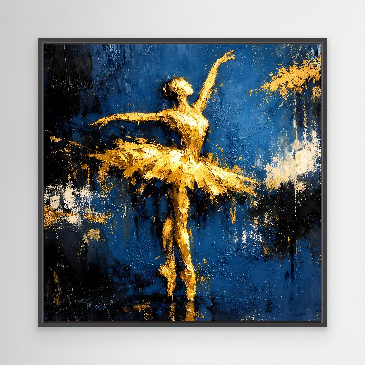 Leinwand Elegante Ballerina in Gold und Blau | Abstraktes Ballett Wandbild