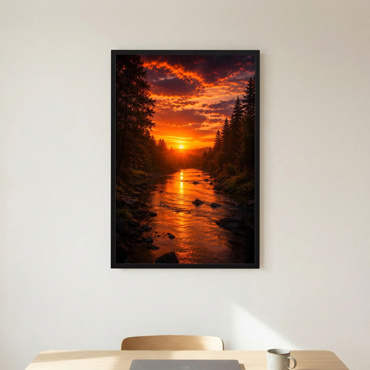 Hochformatiges Poster Sonnenuntergang mit Fluss zwischen Bäumen, schwarzer Rahmen