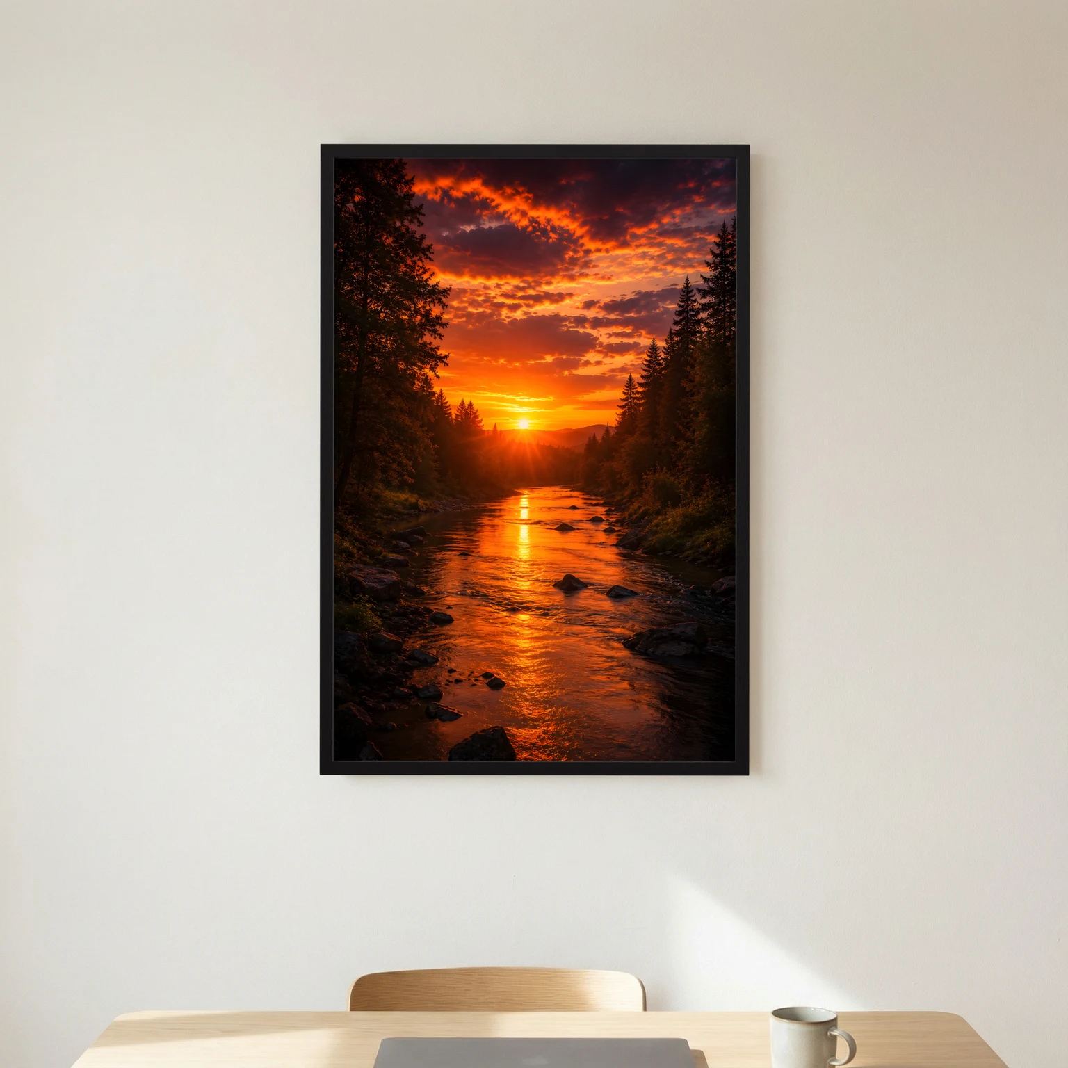 Hochformatiges Poster Sonnenuntergang mit Fluss zwischen Bäumen, schwarzer Rahmen