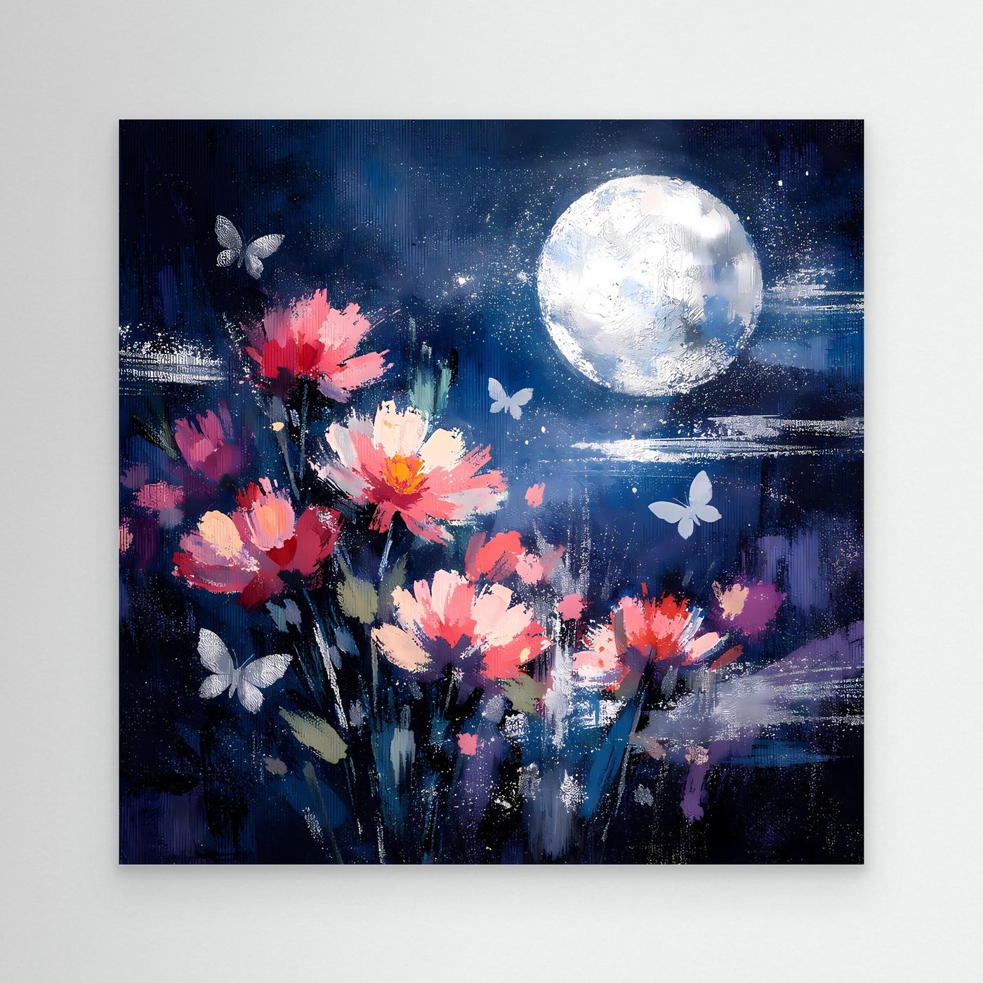 Abstraktes Blumen-Wandbild: pinke Blüten, großer heller Mond, Schmetterlinge vor Nachtlandschaft