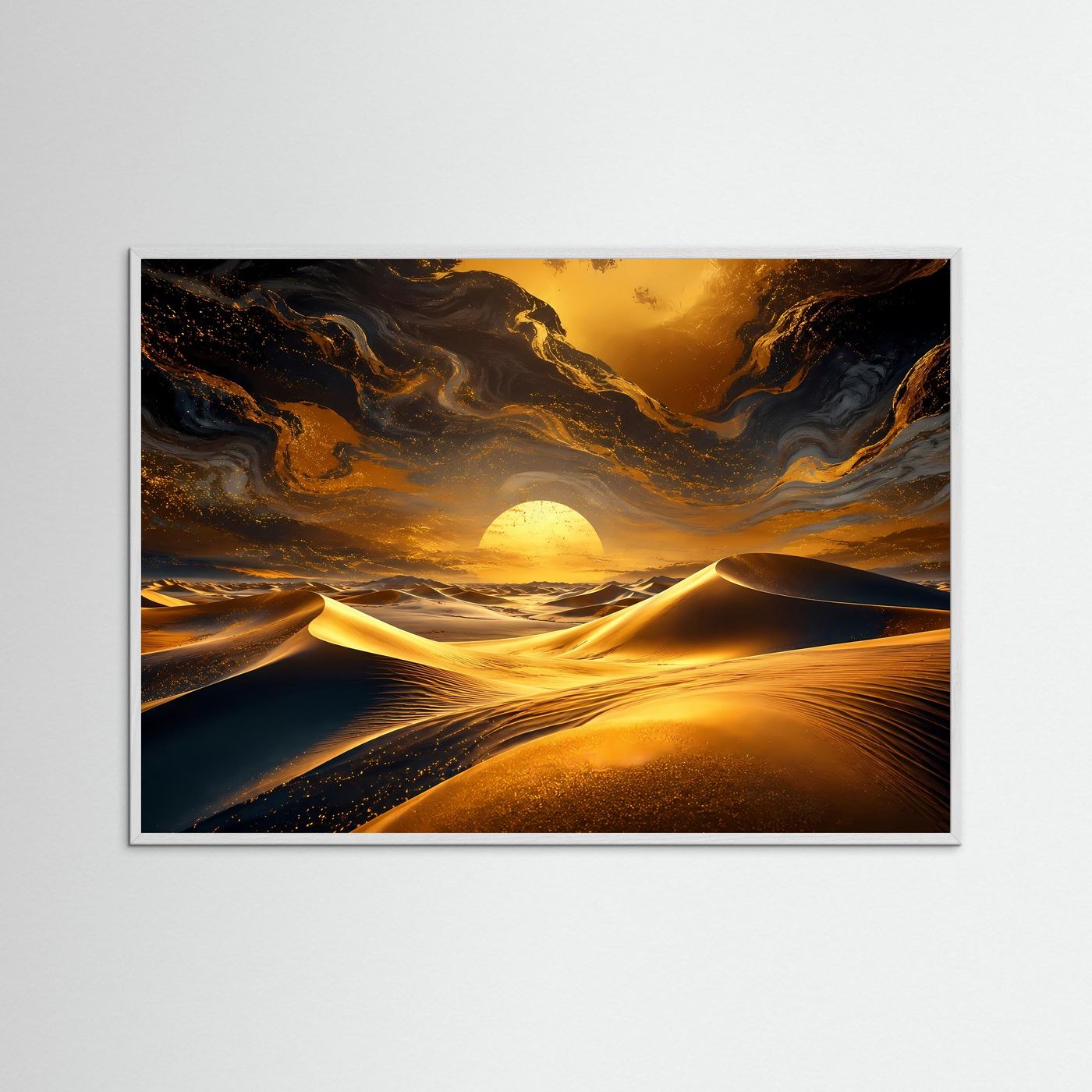 Wüsten Sonnenuntergang Poster | Goldene Dünen Wandbild | Abstrakte Wüstenlandschaft | Moderne Luxus Wandkunst