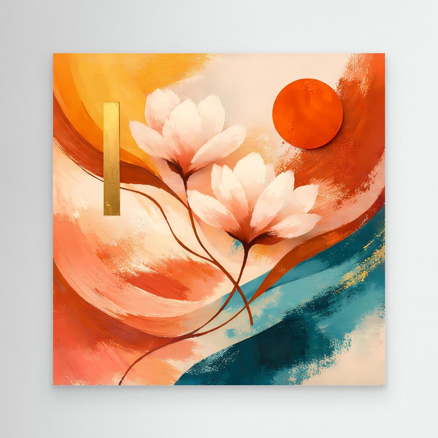 Leinwandbild mit abstrakten Lotusblüten, orangefarbener Kreissonne und Pinselstrichen
