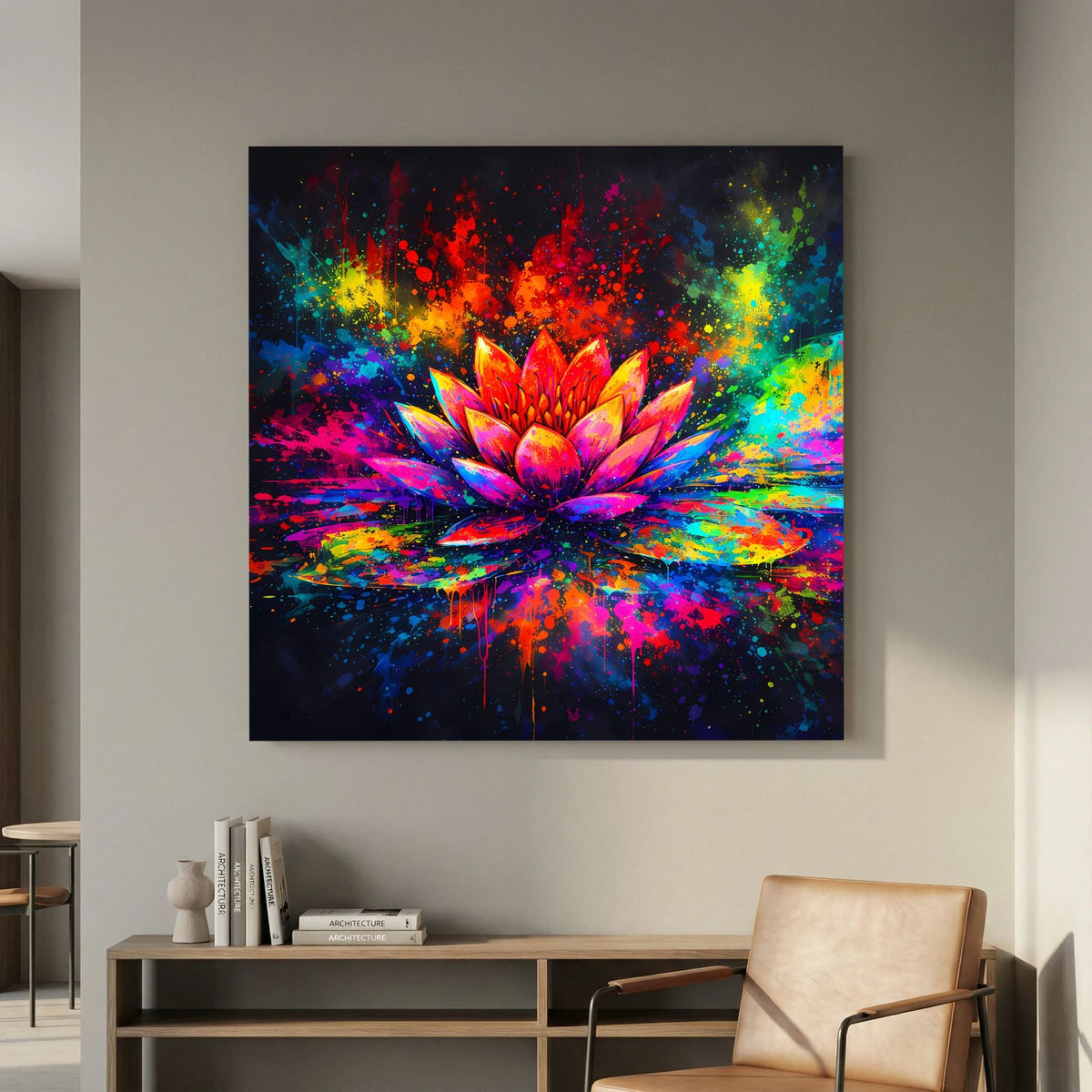 Rechteckiges Leinwandbild mit Lotusblüte, bunte Sprenkel und Farbverläufe mit Schein-Effekt