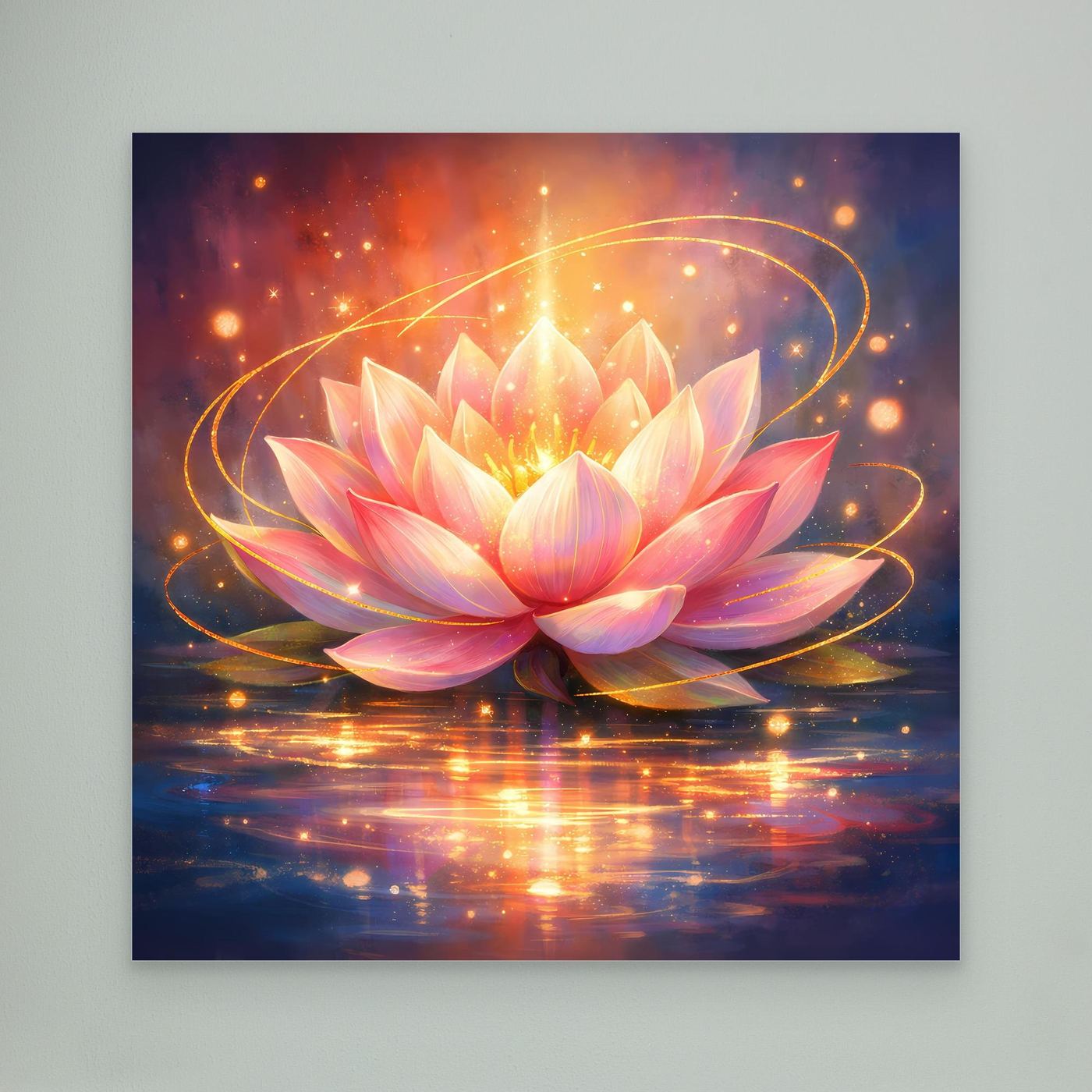 Leinwandbild Lotusblüte mit Lichtlinien, rosa Blüten und goldene Akzente