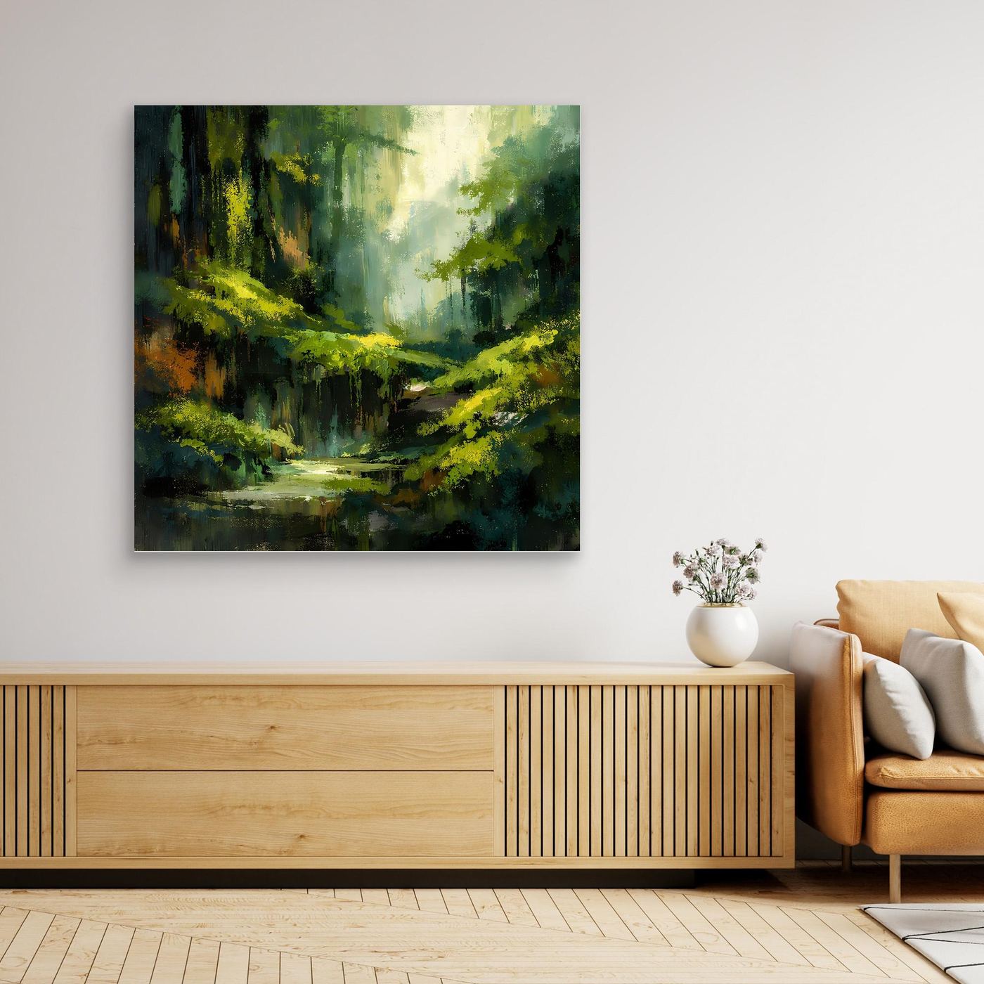 Wandbild mit abstraktem Dschungelpfad, grünes Waldmotiv, schwarzer Rahmen