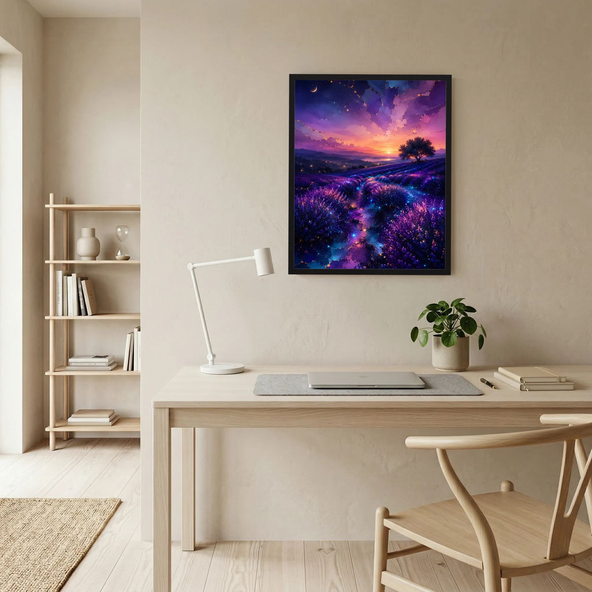 Hochformat-Poster im schwarzen Rahmen über Lavendelfeld mit violett-blauem Himmel