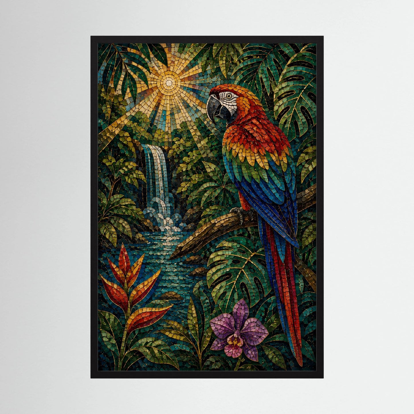 Gerahmtes Hochformat-Poster mit Papagei-Mosaik, tropischem Grün, leuchtender Sonne