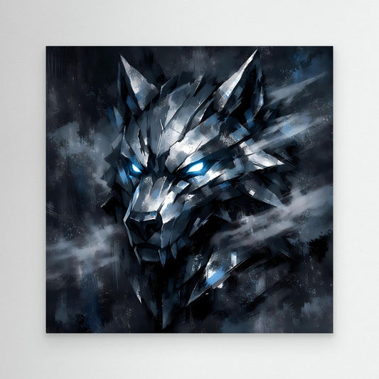 Leinwand-Wandbild mit geometrischem Wolf, silberne Facetten und blau leuchtenden Augen