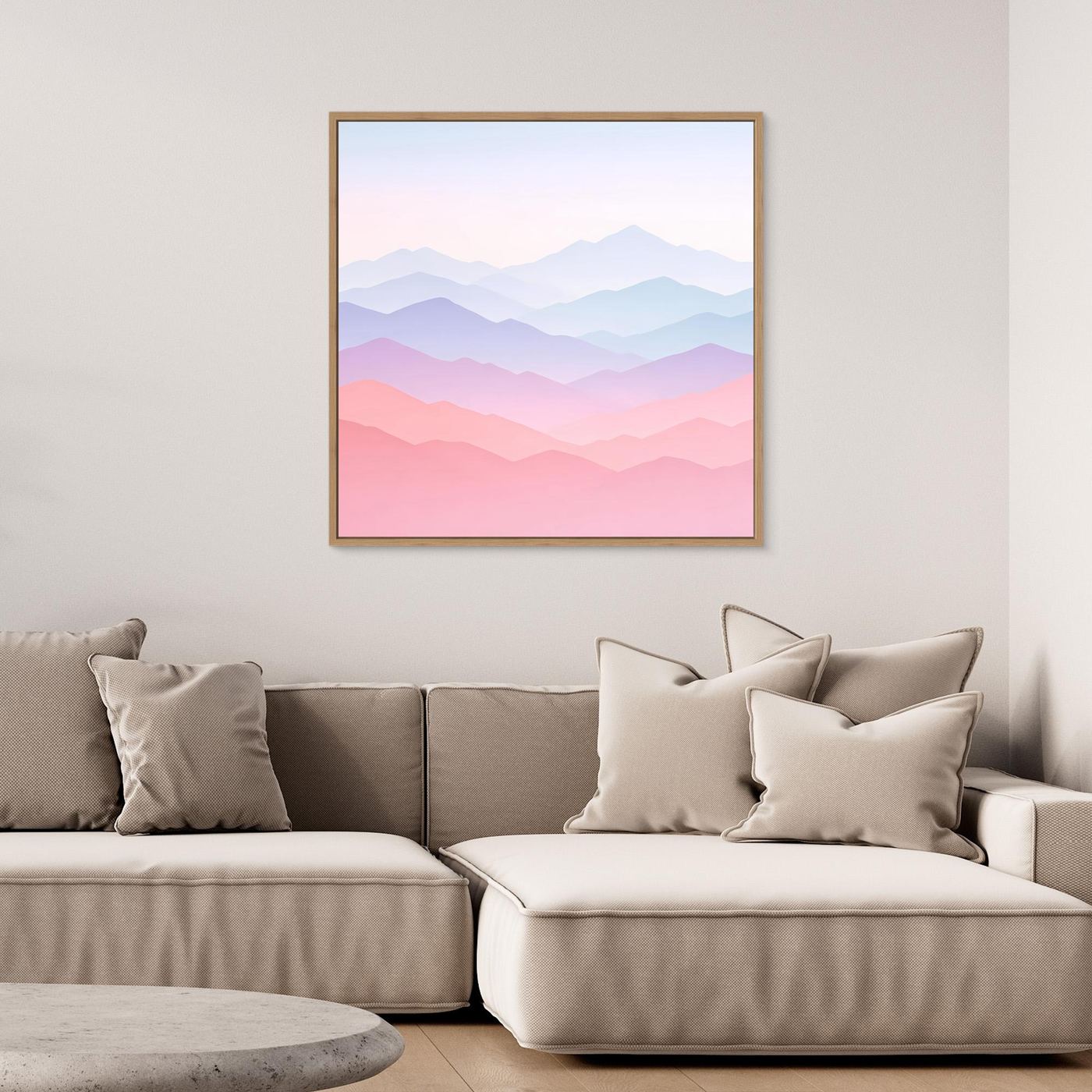 Leinwandbild mit pastellfarbenem Bergpanorama im Eichenrahmen