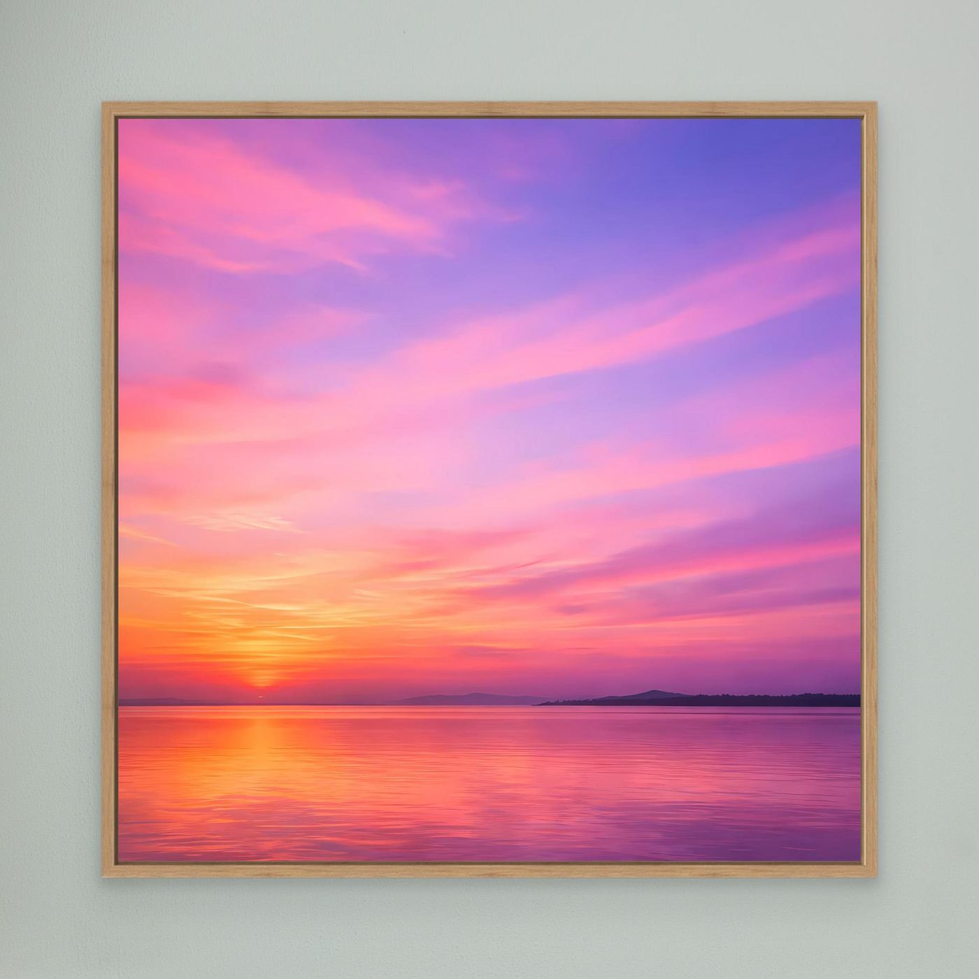 Leinwandbild „Pastel Sunset“ mit Eichenrahmen, Pastell-Sonnenuntergang und reflektierendes Wasser.