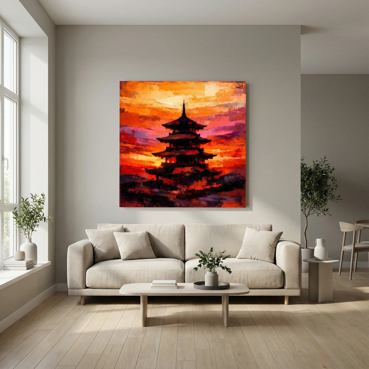 Japanisches Pagoden-Wandbild mit dunkler Silhouette und orange-pinkem Sonnenuntergang