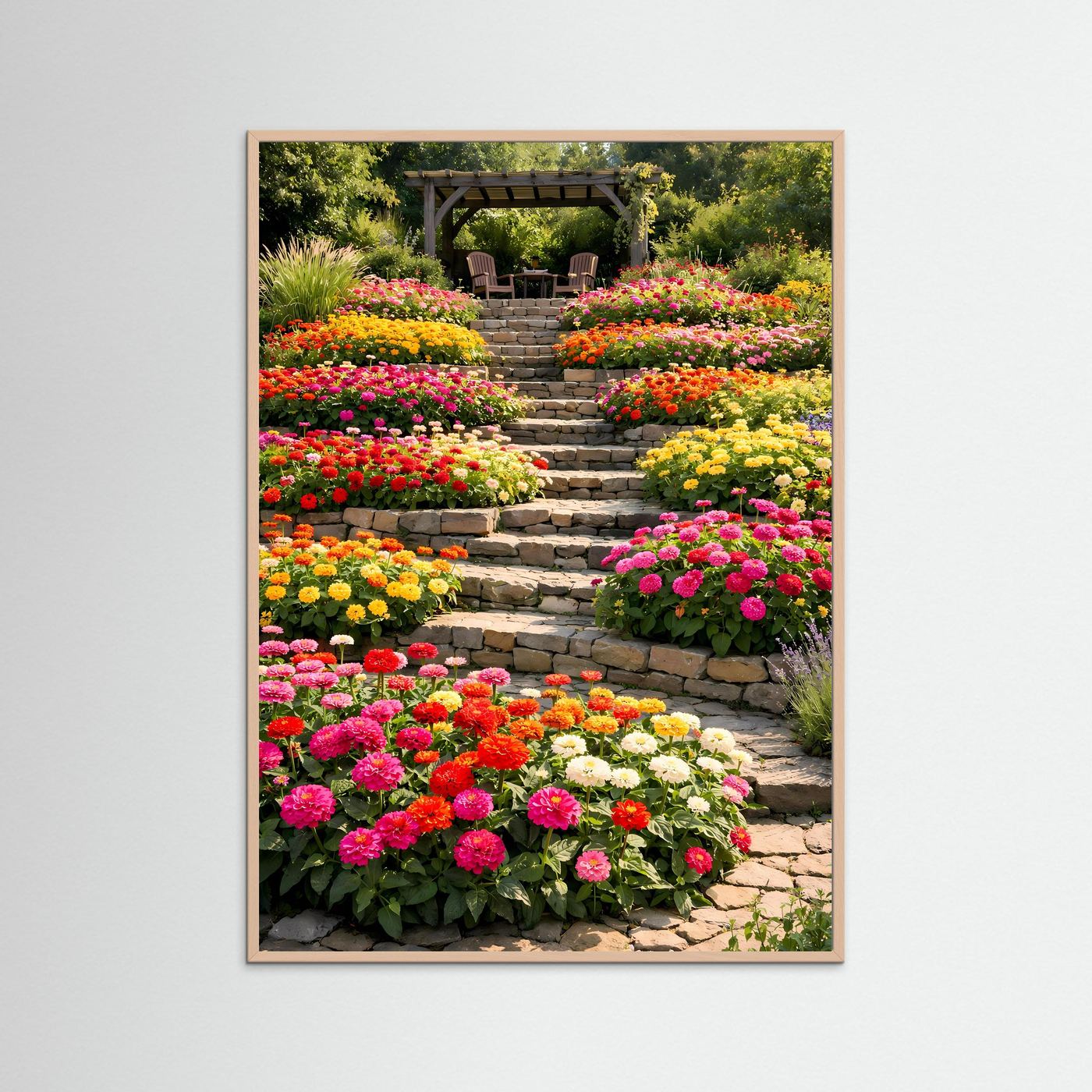 Hochkant-Garten-Poster mit Blumenbeeten an Steinstufen und Pergola im Hintergrund