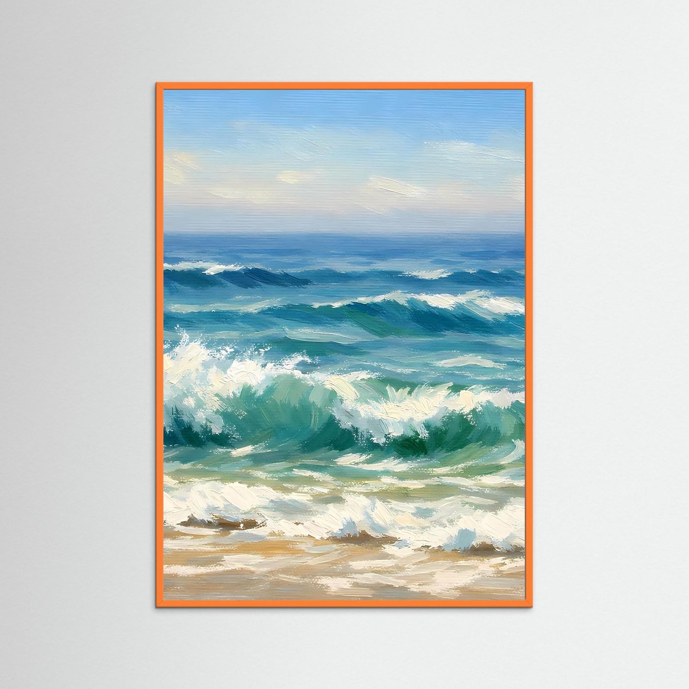 Wandposter mit dynamischen Meereswellen, orangefarbener Holzrahmen