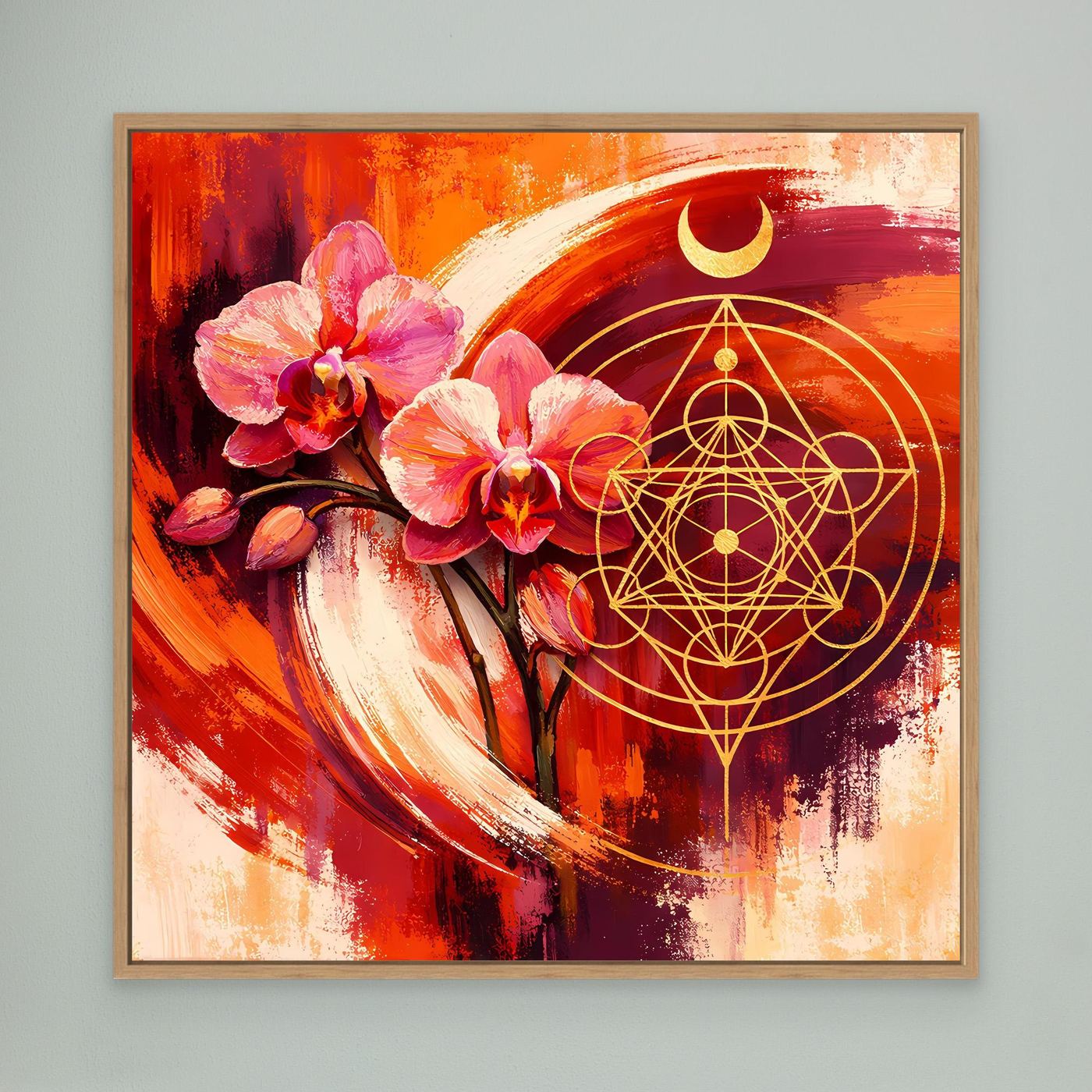 Abstraktes Wandbild mit Orchideen und goldener Geometrie, mit hellem Holzrahmen