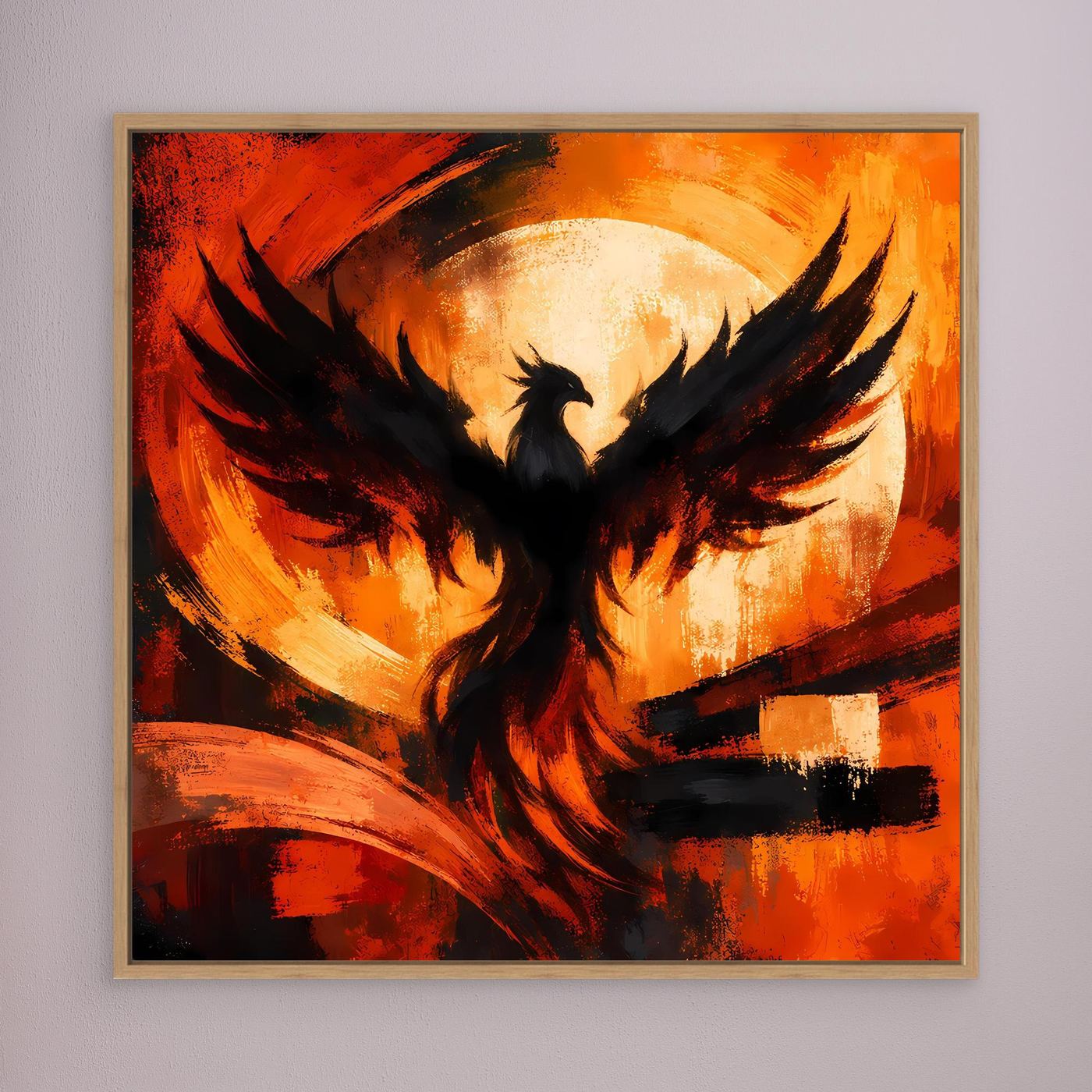 Gerahmtes Leinwandbild mit Phönix aus Flammen, schwarze Flügel und orange-rote Bögen